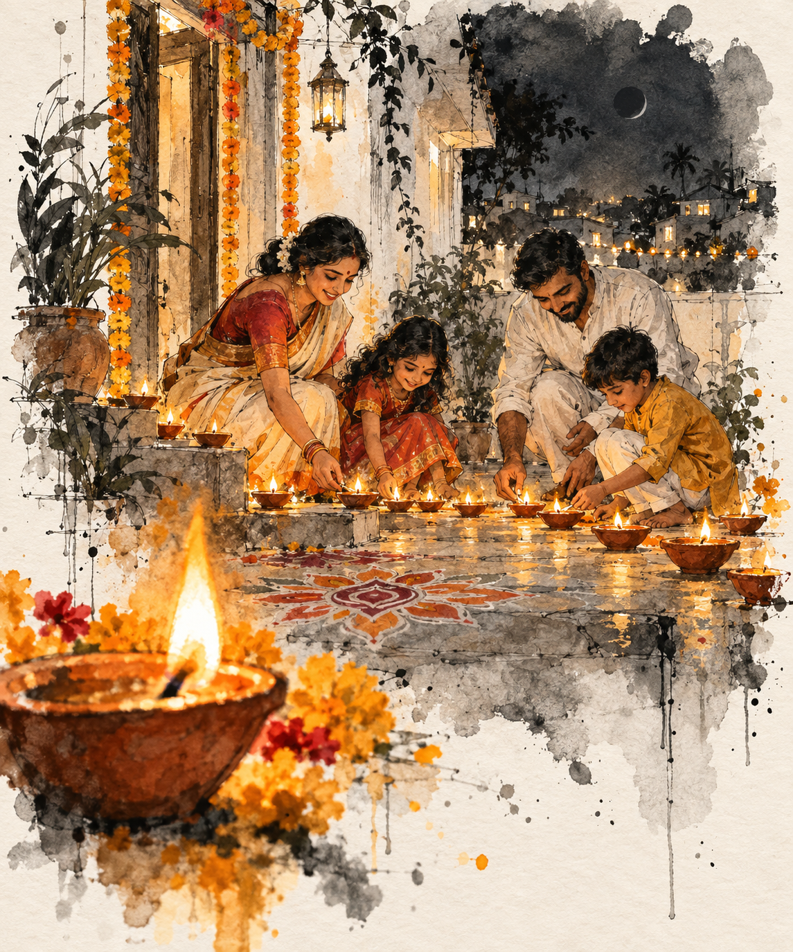 A family lighting rows of diyas for Diwali